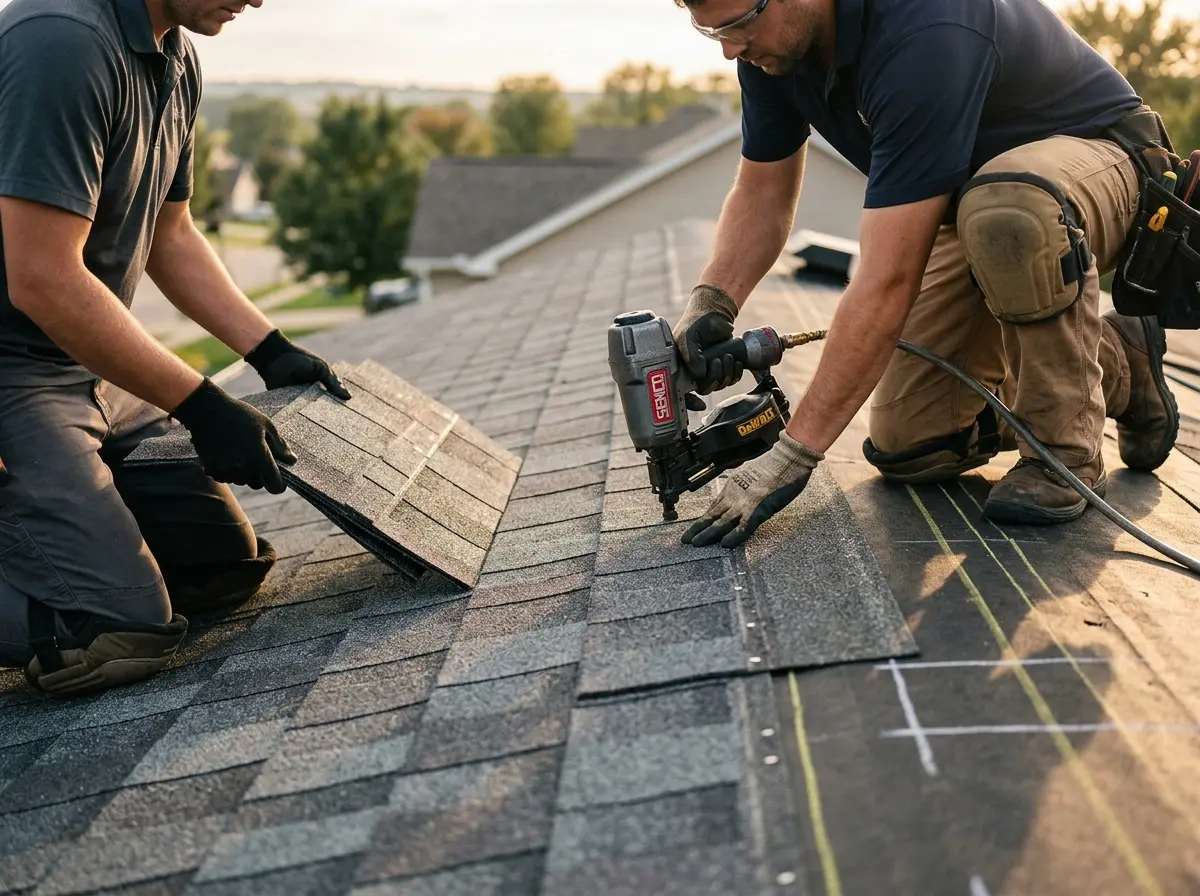 Professional roofer working on a residential roof in La Porte